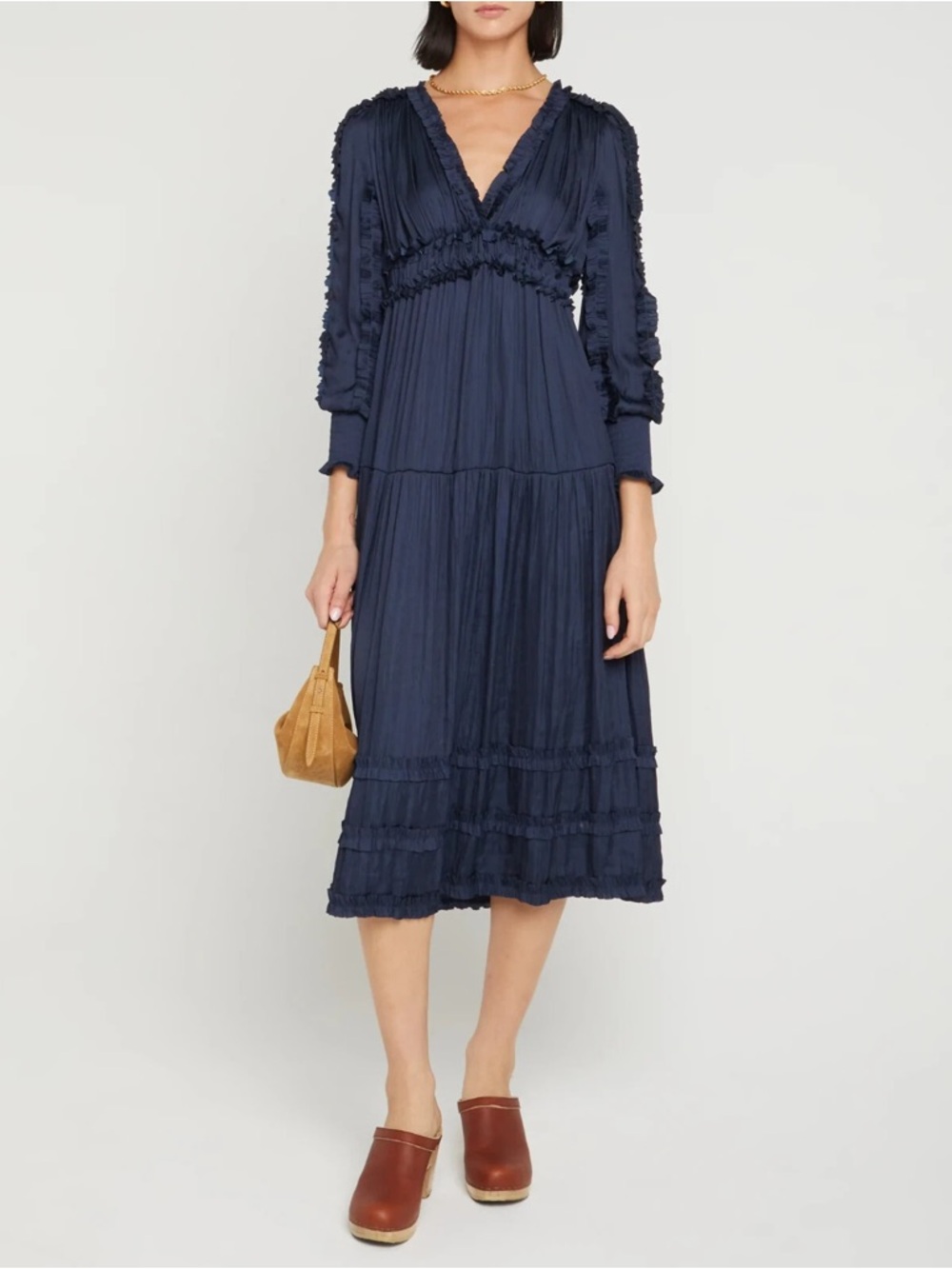 ONE PRETTY TIME OPT Tianna Midi Dress Midnight  Blue Pleated Ruffle Tiered Silky